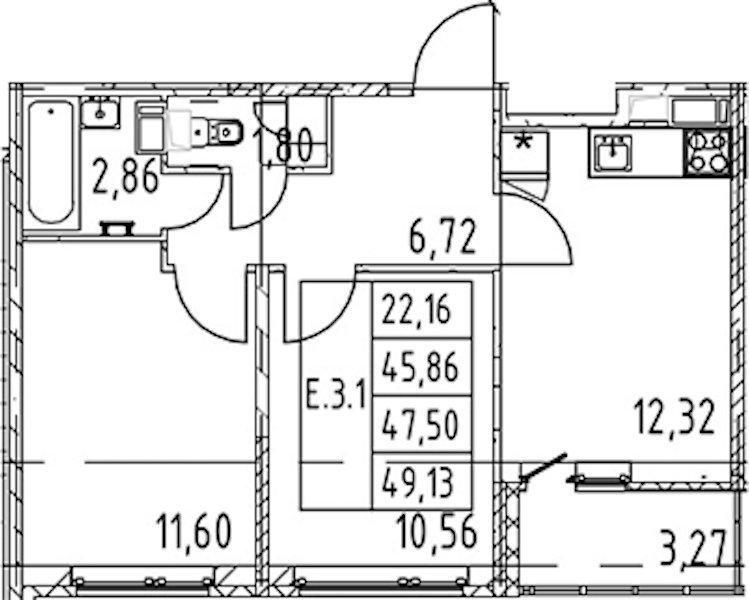 2-комнатная квартира 45.86 м², 2/12 эт., ЖК «Полис ЛАВрики»